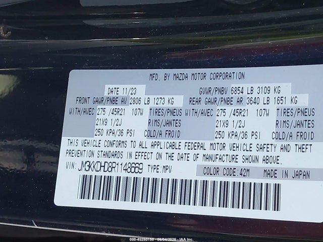 2024 Mazda Cx-90 3.3 Turbo Premium მანქანა იყიდება აუქციონზე, vin: JM3KKDHD8R1148669, აუქციონის ნომერი: 45280150