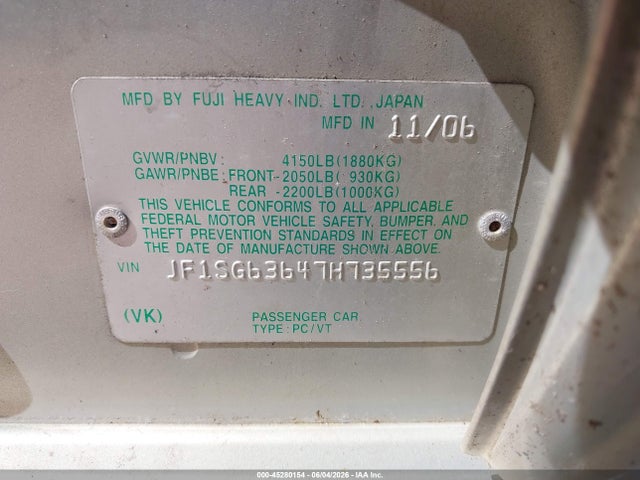 2007 Subaru Forester 2.5x მანქანა იყიდება აუქციონზე, vin: JF1SG63647H735556, აუქციონის ნომერი: 45280154