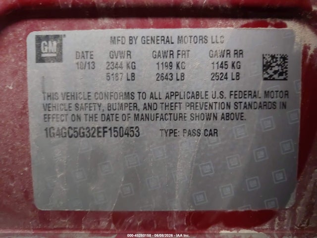 Aukcja sprzedaży 2014 Buick Lacrosse Leather Group, vin: 1G4GC5G32EF150453, numer aukcji: 45280158