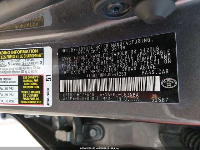 2018 Toyota Camry Le მანქანა იყიდება აუქციონზე, vin: 4T1B11HK7JU644263, აუქციონის ნომერი: 45280165