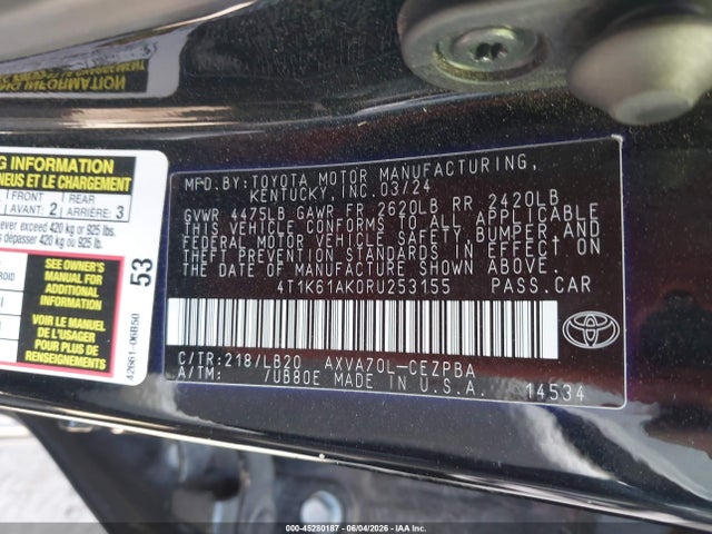 Aukcja sprzedaży 2024 Toyota Camry Xse, vin: 4T1K61AK0RU253155, numer aukcji: 45280187