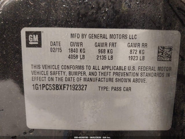 2015 Chevrolet Cruze 1lt Auto მანქანა იყიდება აუქციონზე, vin: 1G1PC5SBXF7192327, აუქციონის ნომერი: 45280193
