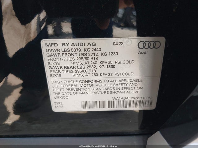 Aukcja sprzedaży 2022 Audi Q5 Premium 40 Tfsi Quattro S Tronic, vin: WA1ABAFYXN2110061, numer aukcji: 45280204