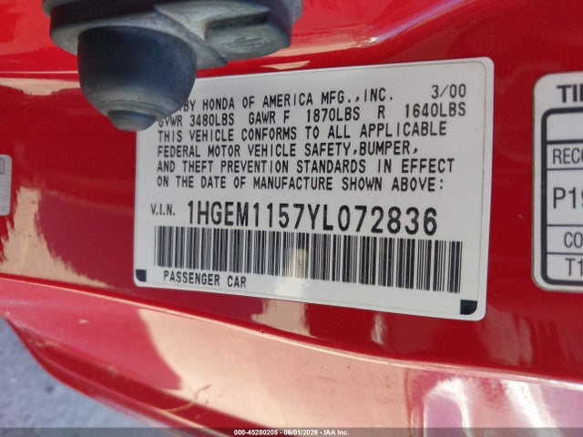 Продажа на аукционе авто 2000 Honda Civic Si, vin: 1HGEM1157YL072836, номер лота: 45280205