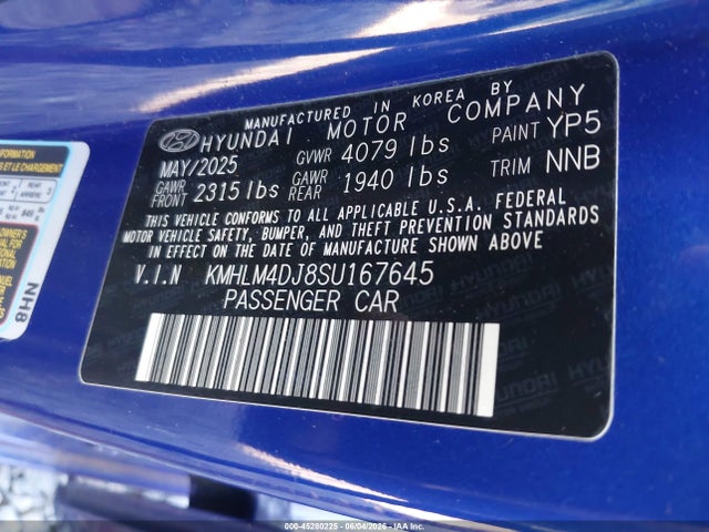 Aukcja sprzedaży 2025 Hyundai Elantra Hybrid Sel Sport, vin: KMHLM4DJ8SU167645, numer aukcji: 45280225