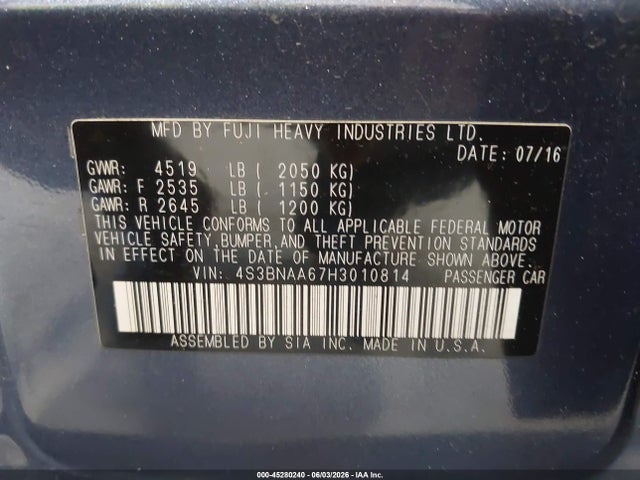 Aukcja sprzedaży 2017 Subaru Legacy 2.5i, vin: 4S3BNAA67H3010814, numer aukcji: 45280240