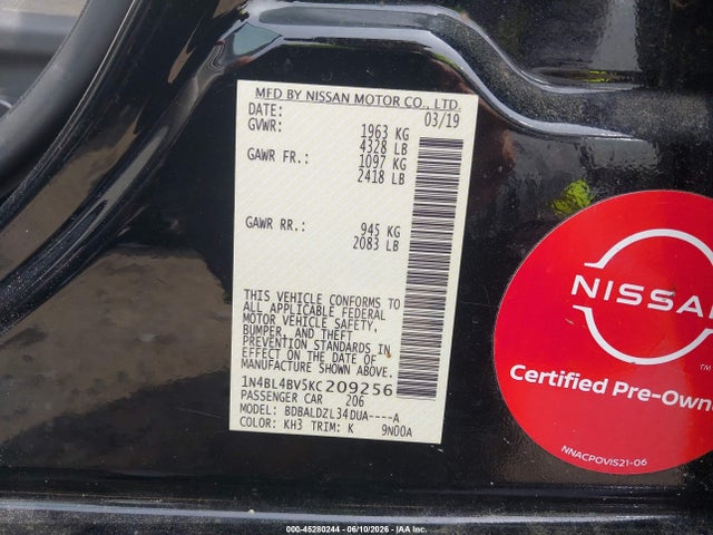 Nissan Altima 2.5 S 2019 1N4BL4BV5KC209256 Image 9