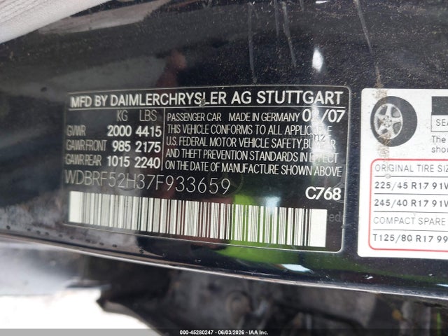 Aukcja sprzedaży 2007 Mercedes-benz C 230 Sport, vin: WDBRF52H37F933659, numer aukcji: 45280247