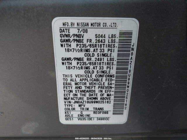45280253 :رقم المزاد ، JN8AZ18U99W025162 vin ، 2009 Nissan Murano Sl مزاد بيع