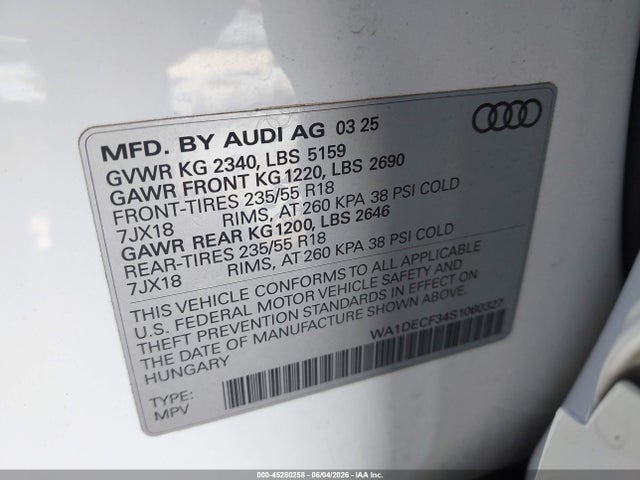 2025 Audi Q3 Premium 45 Tfsi S Line Quattro Tiptronic მანქანა იყიდება აუქციონზე, vin: WA1DECF34S1060327, აუქციონის ნომერი: 45280258