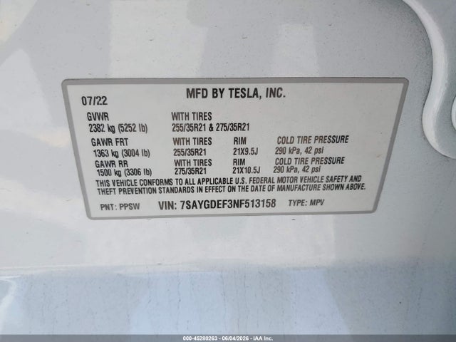 Aukcja sprzedaży 2022 Tesla Model Y Performance Dual Motor All-wheel Drive, vin: 7SAYGDEF3NF513158, numer aukcji: 45280263