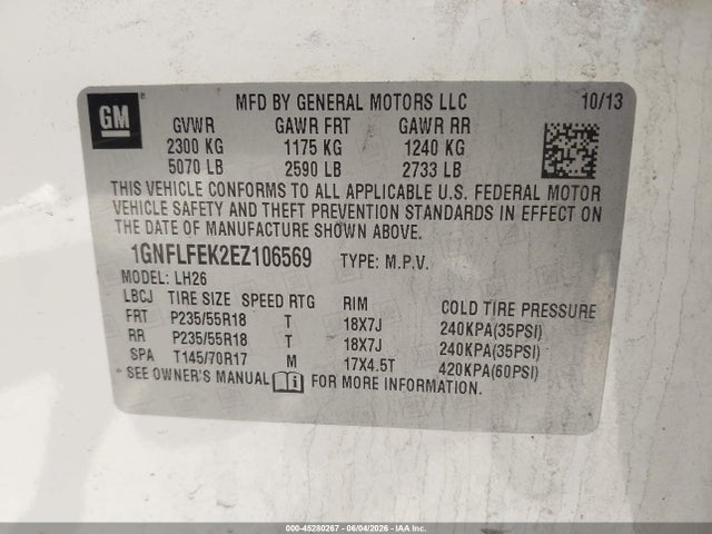Aukcja sprzedaży 2014 Chevrolet Equinox 1lt, vin: 1GNFLFEK2EZ106569, numer aukcji: 45280267