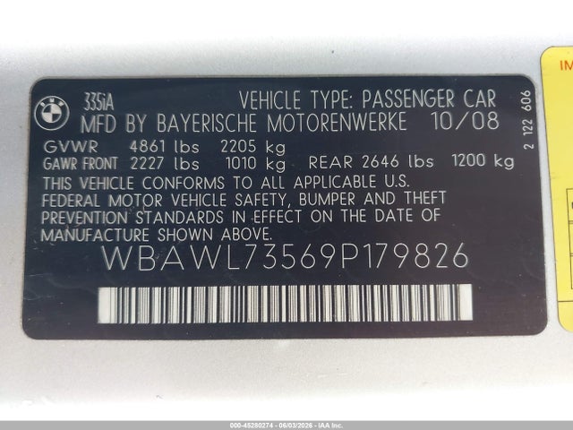 Aukcja sprzedaży 2009 Bmw 335i, vin: WBAWL73569P179826, numer aukcji: 45280274