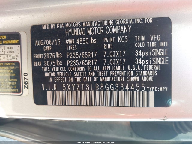 Aukcja sprzedaży 2016 Hyundai Santa Fe Sport 2.4l, vin: 5XYZT3LB8GG334455, numer aukcji: 45280283