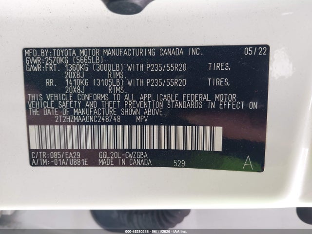 Aukcja sprzedaży 2022 Lexus Rx 350, vin: 2T2HZMAA0NC248748, numer aukcji: 45280288
