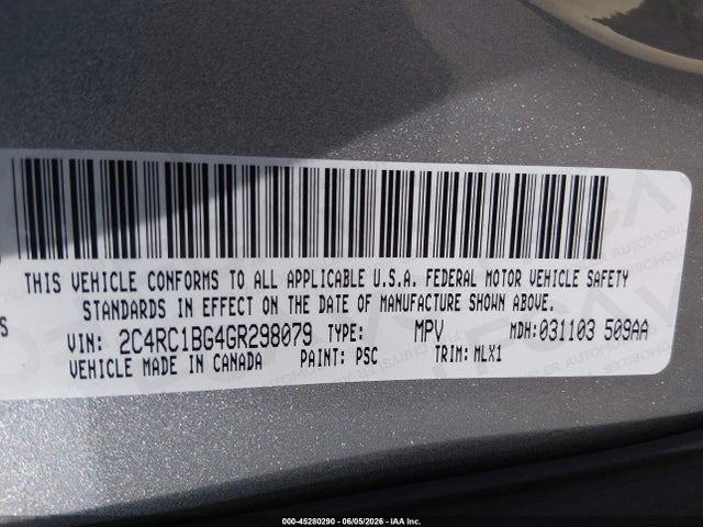 2016 Chrysler Town & Country Touring მანქანა იყიდება აუქციონზე, vin: 2C4RC1BG4GR298079, აუქციონის ნომერი: 45280290