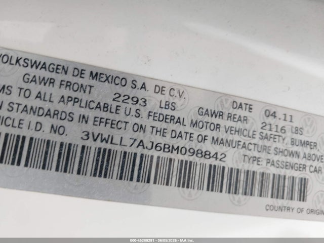 2011 Volkswagen Jetta 2.0l Tdi მანქანა იყიდება აუქციონზე, vin: 3VWLL7AJ6BM098842, აუქციონის ნომერი: 45280291