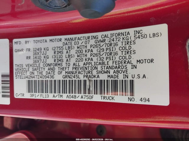 Aukcja sprzedaży 2007 Toyota Tacoma Base V6, vin: 5TELU42N47Z409436, numer aukcji: 45280292