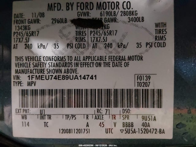 Auction sale of the 2009 Ford Explorer Eddie Bauer, vin: 1FMEU74E89UA14741, lot number: 45280298