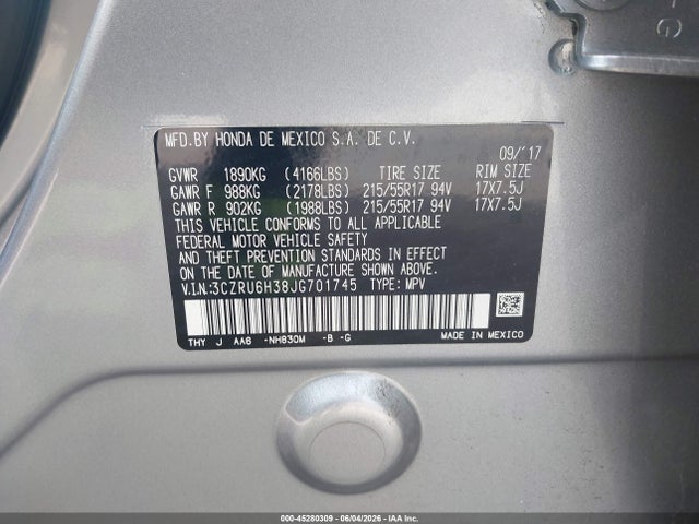 45280309 :رقم المزاد ، 3CZRU6H38JG701745 vin ، 2018 Honda Hr-v Lx مزاد بيع