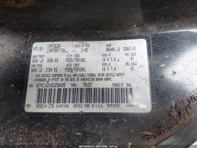 1995 Dodge Ram 1500 მანქანა იყიდება აუქციონზე, vin: 1B7HC16Z4SS258499, აუქციონის ნომერი: 45280312