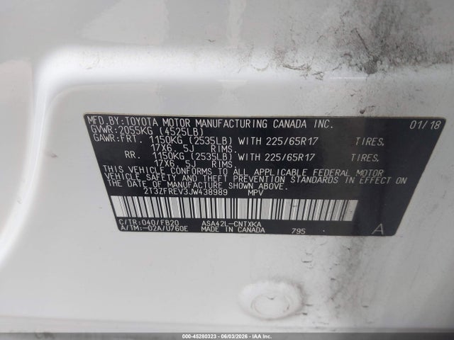 Aukcja sprzedaży 2018 Toyota Rav4 Le, vin: 2T3ZFREV3JW438989, numer aukcji: 45280323