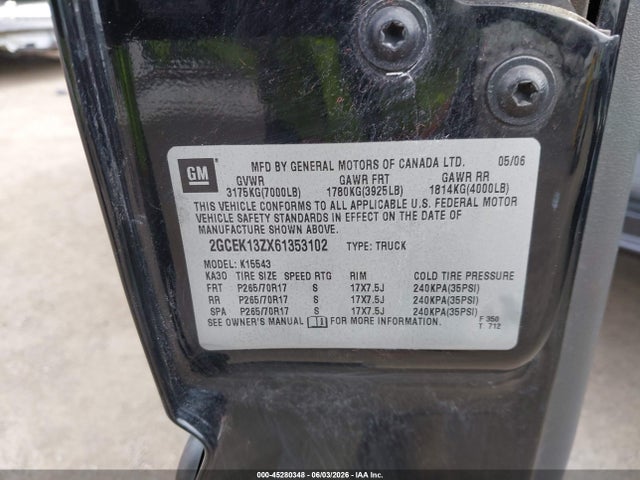 45280348 :رقم المزاد ، 2GCEK13ZX61353102 vin ، 2006 Chevrolet Silverado 1500 Lt1 مزاد بيع