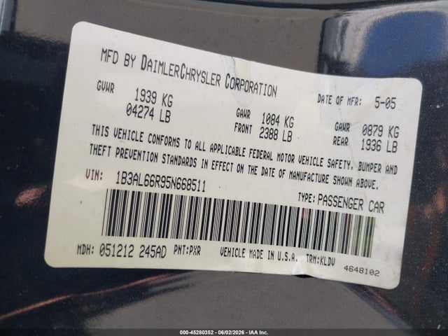 2005 Dodge Stratus R/t მანქანა იყიდება აუქციონზე, vin: 1B3AL66R95N668511, აუქციონის ნომერი: 45280352