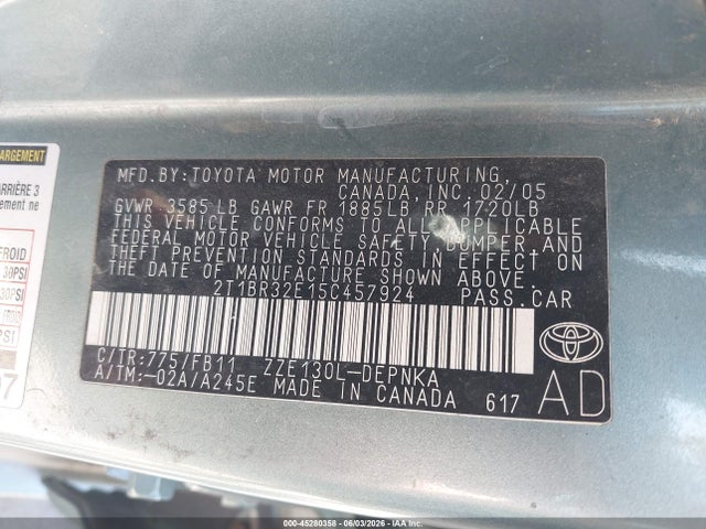 Продаж на аукціоні авто 2005 Toyota Corolla Le, vin: 2T1BR32E15C457924, номер лоту: 45280358