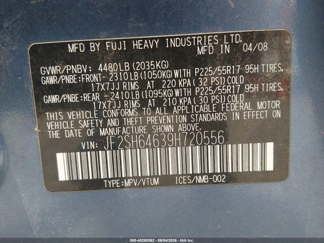 2009 Subaru Forester 2.5x Limited მანქანა იყიდება აუქციონზე, vin: JF2SH64639H720556, აუქციონის ნომერი: 45280362