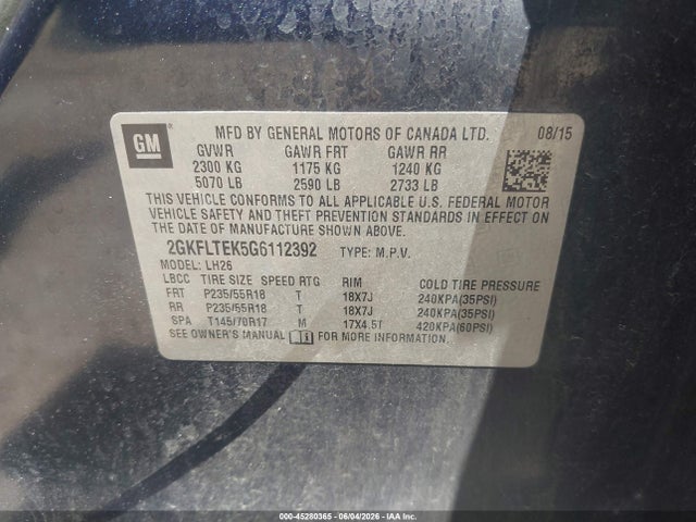 45280365 :رقم المزاد ، 2GKFLTEK5G6112392 vin ، 2016 Gmc Terrain Sle-2 مزاد بيع