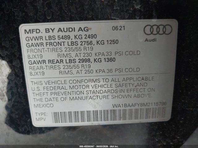 WA1BAAFY8M2115796 Audi Q5 Premium Plus 45 Tfsi Quattro S Tronic