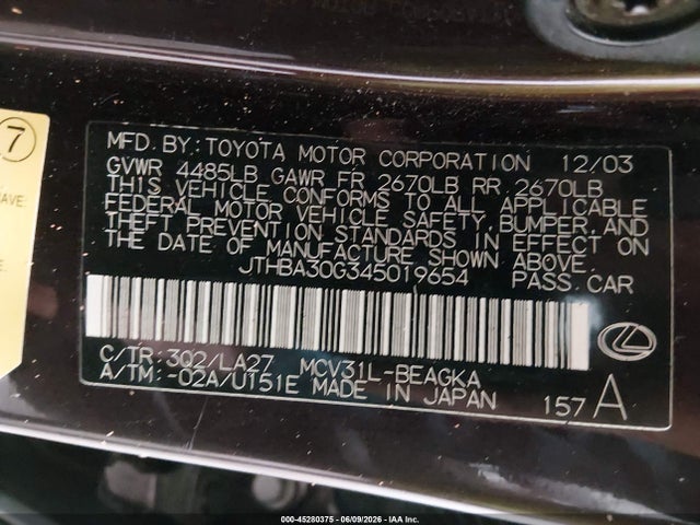2004 Lexus Es 330 მანქანა იყიდება აუქციონზე, vin: JTHBA30G345019654, აუქციონის ნომერი: 45280375