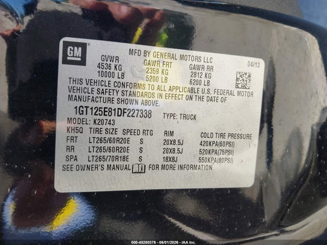 45280376 :رقم المزاد ، 1GT125E81DF227338 vin ، 2013 Gmc Sierra 2500hd Denali مزاد بيع