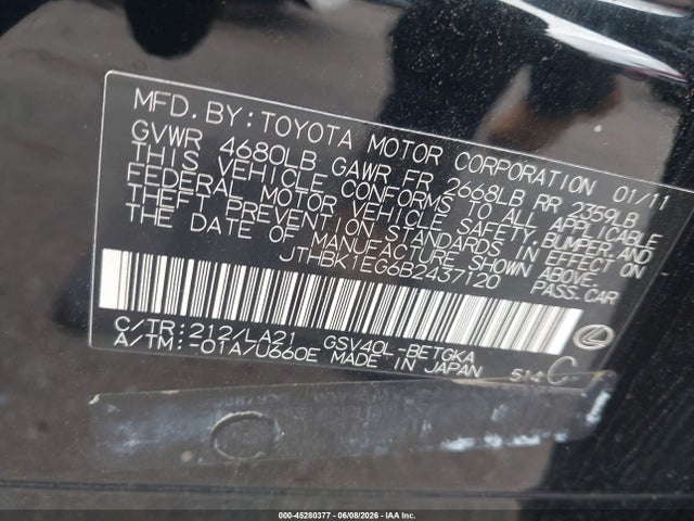 Aukcja sprzedaży 2011 Lexus Es 350, vin: JTHBK1EG6B2437120, numer aukcji: 45280377