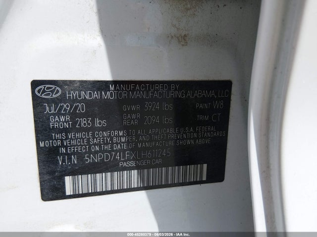 Продажа на аукционе авто 2020 Hyundai Elantra Se, vin: 5NPD74LFXLH611245, номер лота: 45280379