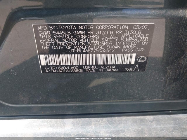 Aukcja sprzedaży 2007 Lexus Ls 460, vin: JTHBL46F275032642, numer aukcji: 45280383