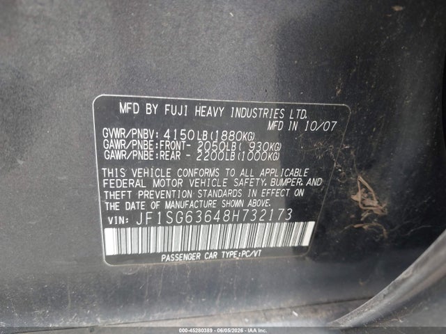 2008 Subaru Forester 2.5x მანქანა იყიდება აუქციონზე, vin: JF1SG63648H732173, აუქციონის ნომერი: 45280389