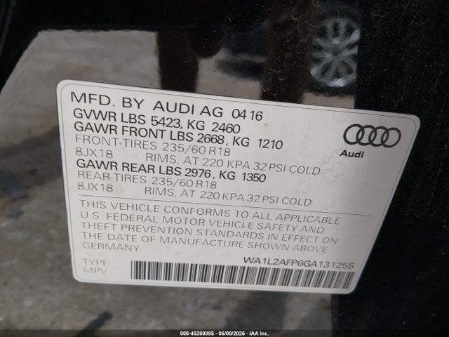 Продажа на аукционе авто 2016 Audi Q5 2.0t Premium, vin: WA1L2AFP6GA131255, номер лота: 45280395