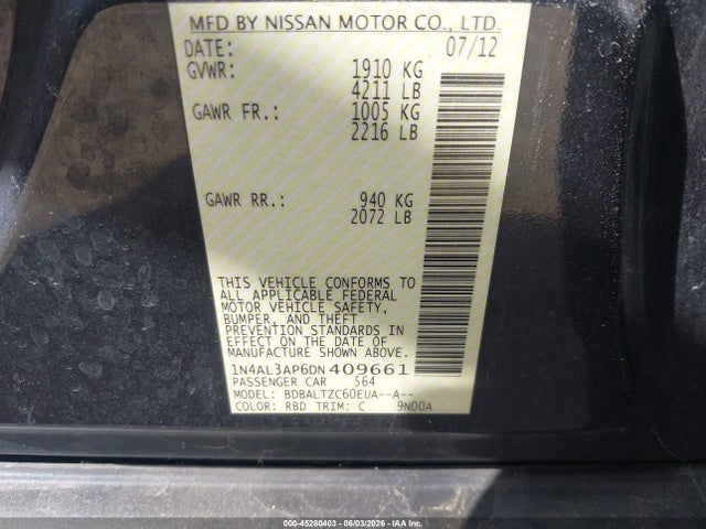 Продажа на аукционе авто 2013 Nissan Altima 2.5 Sv, vin: 1N4AL3AP6DN409661, номер лота: 45280403