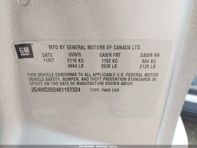 Продажа на аукционе авто 2008 Buick Lacrosse Cx, vin: 2G4WC582481187324, номер лота: 45280406