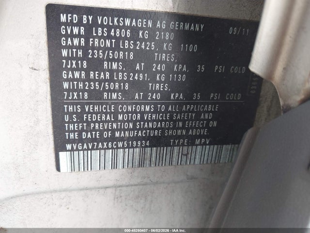 2012 Volkswagen Tiguan Se მანქანა იყიდება აუქციონზე, vin: WVGAV7AX6CW519934, აუქციონის ნომერი: 45280407