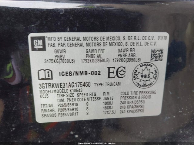Aukcja sprzedaży 2010 Gmc Sierra 1500 Slt, vin: 3GTRKWE31AG175460, numer aukcji: 45280409