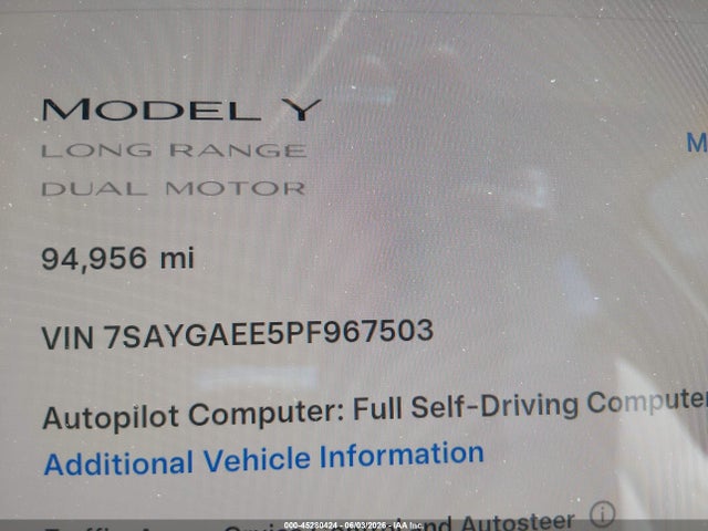 2023 Tesla Model Y Awd/long Range Dual Motor All-wheel Drive მანქანა იყიდება აუქციონზე, vin: 7SAYGAEE5PF967503, აუქციონის ნომერი: 45280424