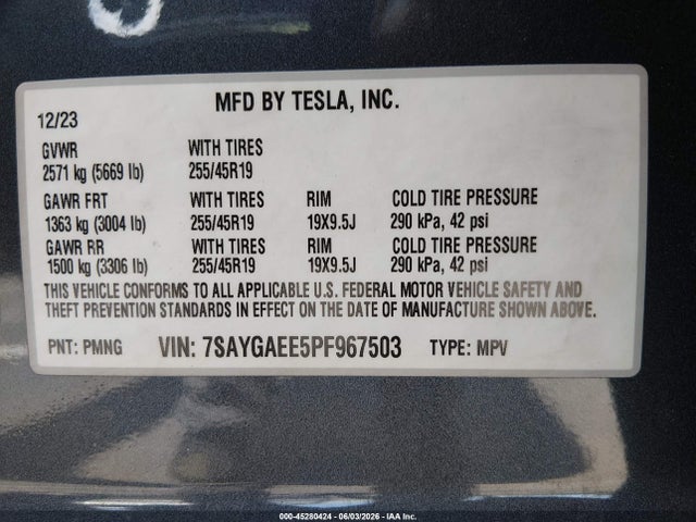 2023 Tesla Model Y Awd/long Range Dual Motor All-wheel Drive მანქანა იყიდება აუქციონზე, vin: 7SAYGAEE5PF967503, აუქციონის ნომერი: 45280424