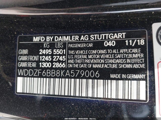 45280431 :رقم المزاد ، WDDZF6BB8KA579006 vin ، 2019 Mercedes-benz Amg E 53 4matic مزاد بيع
