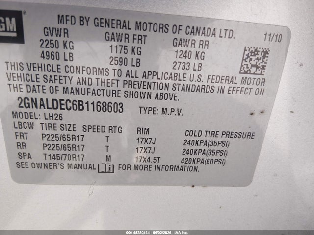 Aukcja sprzedaży 2011 Chevrolet Equinox 1lt, vin: 2GNALDEC6B1168603, numer aukcji: 45280434