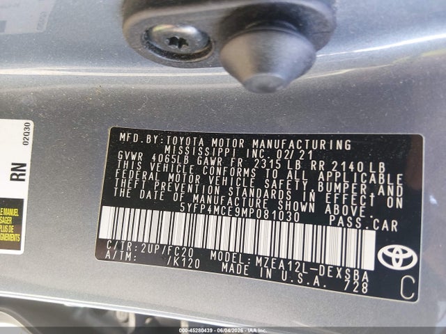 Продажа на аукционе авто 2021 Toyota Corolla Se, vin: 5YFP4MCE9MP081030, номер лота: 45280439