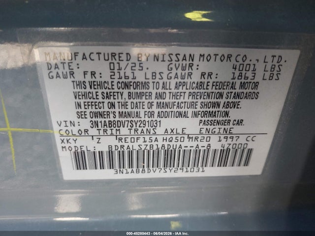 Aukcja sprzedaży 2025 Nissan Sentra Sr, vin: 3N1AB8DV7SY291031, numer aukcji: 45280443