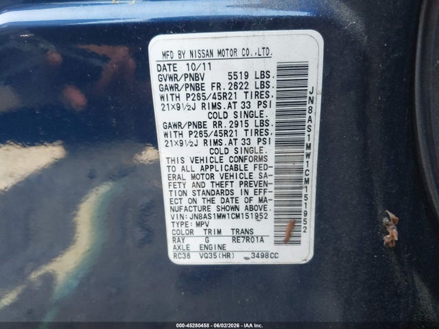 45280458 :رقم المزاد ، JN8AS1MW1CM151952 vin ، 2012 Infiniti Fx35 Limited Edition مزاد بيع